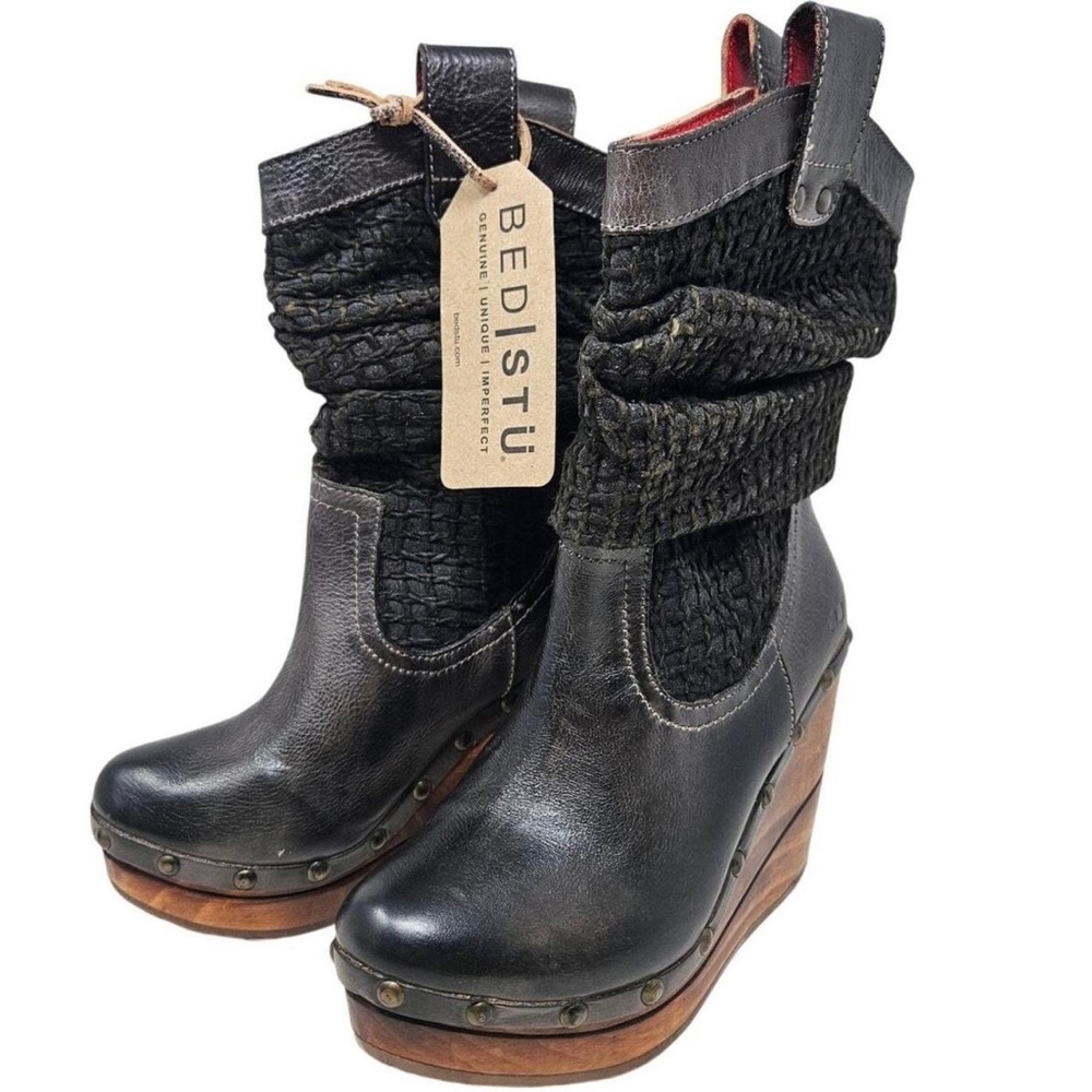 NWT Bedstu 6.5 BRUGES II Dark Brown Wooden Leather Slouchy Pull On Wedge Boot